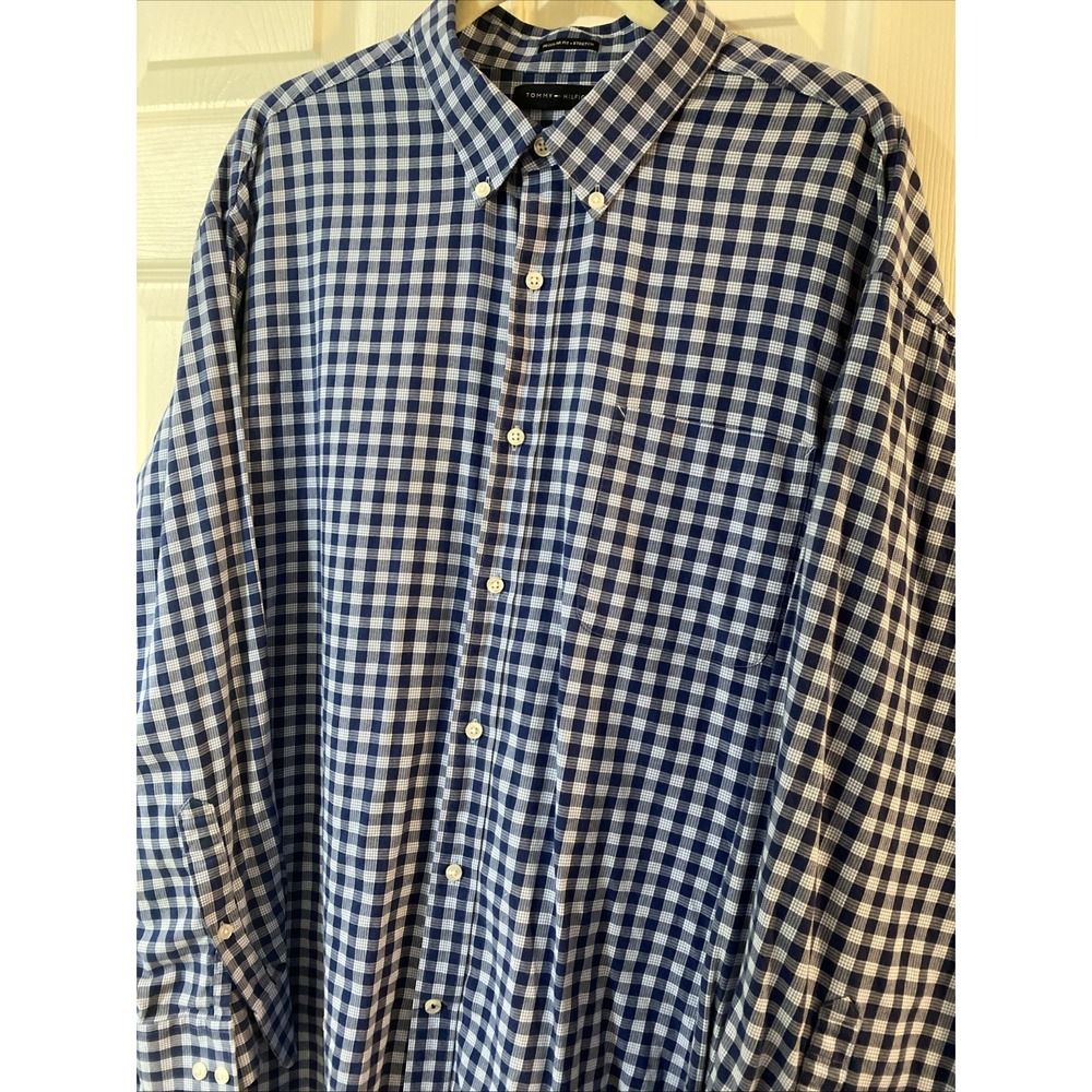 Tommy Hilfiger Regular‎ Fit Stretch Navy Plaid 2XL 18-18 1/2 Men's Button Shirt